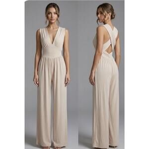 Nwt Cider Beige Ribbed Jumpsuit - Deep V-Neck & Criss-Cross Back - Size S